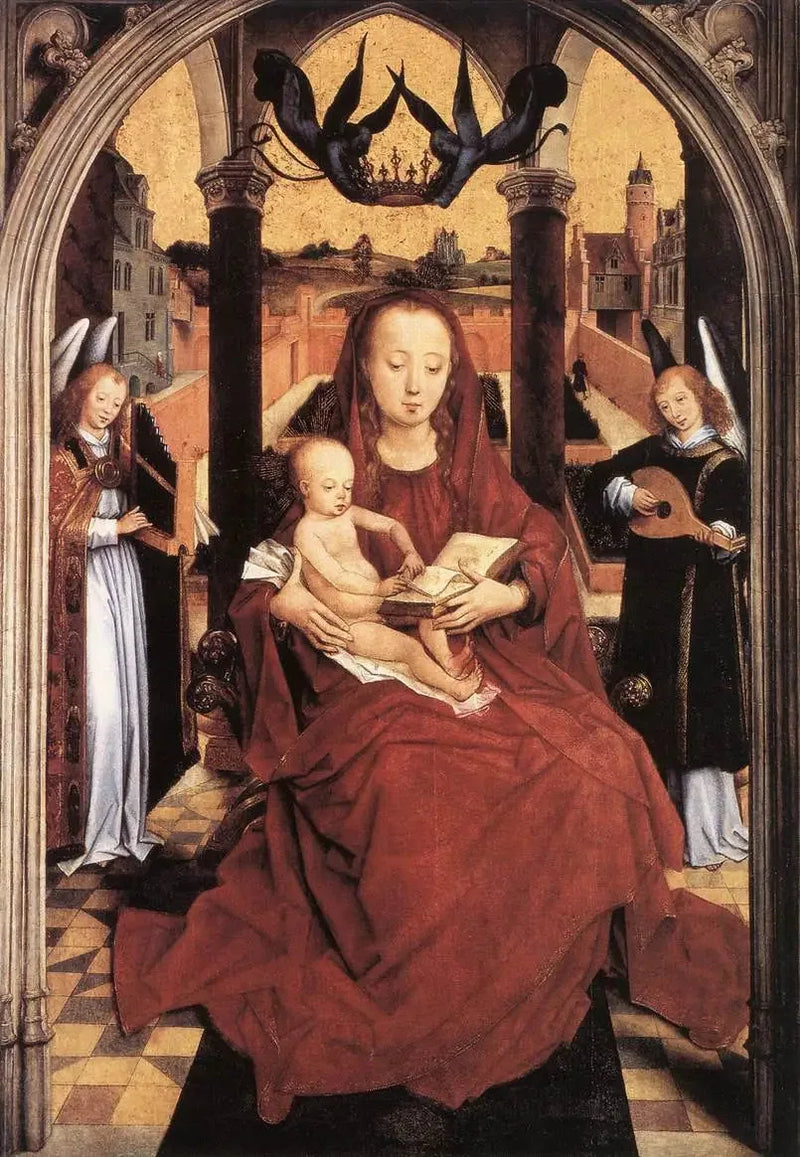 Dziewica z Dzieciątkiem na tronie z dwoma muzykującymi aniołami - Hans Memling