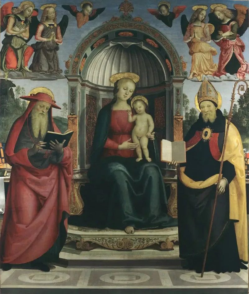 Dziewica z Dzieciątkiem na tronie między świętym Jerzym, świętym Augustynem, czterema aniołami i dwoma cherubinami - Pietro Perugino