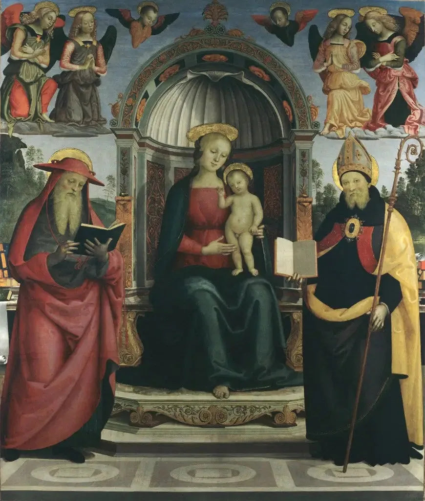 Dziewica z Dzieciątkiem na tronie między świętym Jerzym, świętym Augustynem, czterema aniołami i dwoma cherubinami - Pietro Perugino