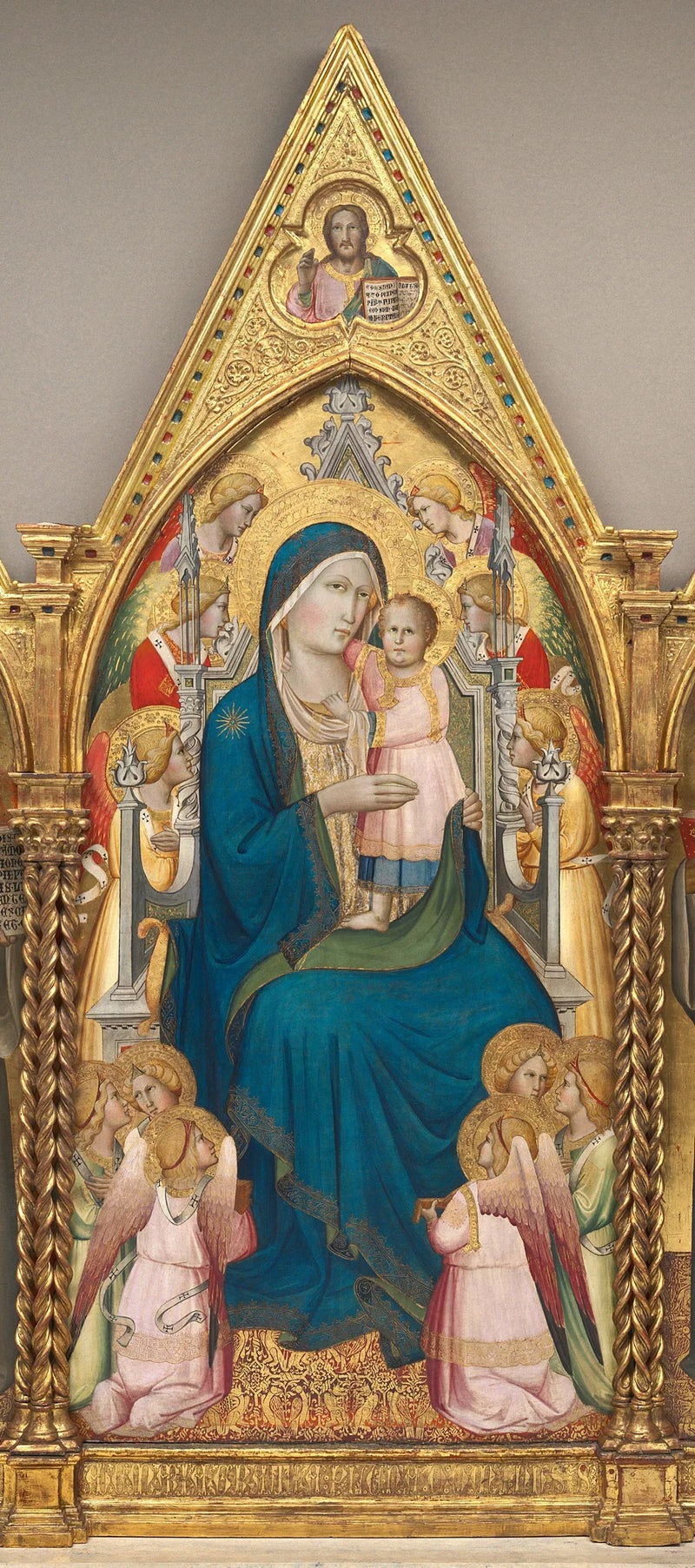 Dziewica z Dzieciątkiem na tronie z dwunastoma aniołami i Chrystus błogosławiący [panel central] - Agnolo Gaddi