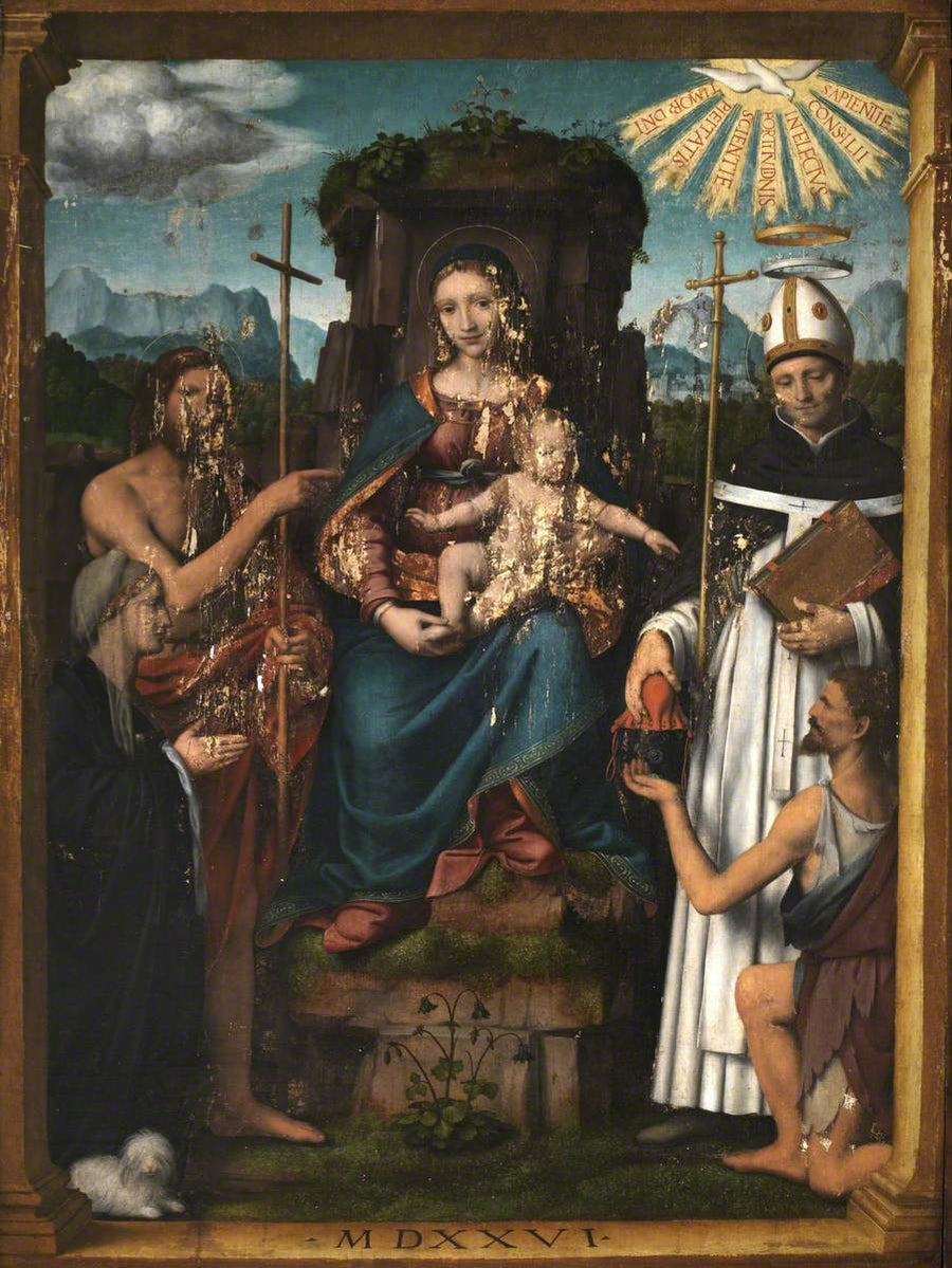 Dziewica z Dzieciątkiem na tronie z świętym Janem Chrzcicielem, świętym Antoninem, darczyńcą i żebrakiem - Bernardino Luini