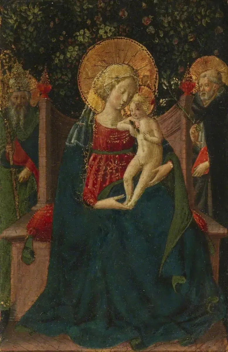 Dziewica z Dzieciątkiem tronująca między świętym Dominikiem a świętym papieskim (dawniej przypisywany Domenico di Michelino) - Benozzo Gozzoli