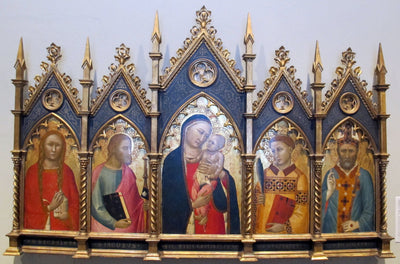 Vierge à l’Enfant avec saint Marie-Madeleine saint Jacques le Majeur saint Étienne et un évêque. - Allegretto Nuzi