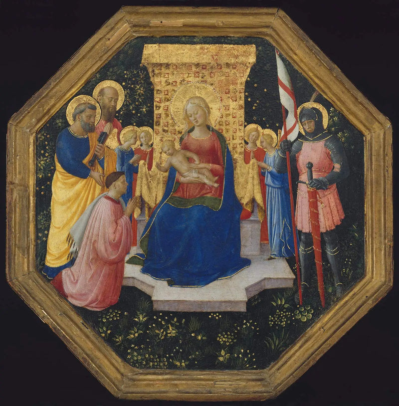 Dziewica z Dzieciątkiem na tronie z świętymi Piotrem, Pawłem i Jerzym (?), czterema aniołami i fundatorem - Fra Angelico