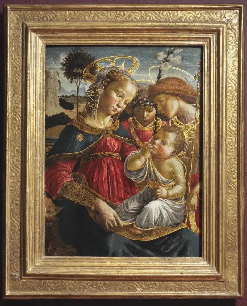 Madonna, święty Jan Chrzciciel i anioł adorujący Dzieciątko Jezus - Sandro Botticelli