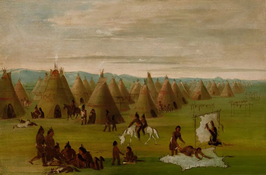 Wioska Komanczów, kobiety przygotowujące swoje suknie i suszące mięso - George Catlin