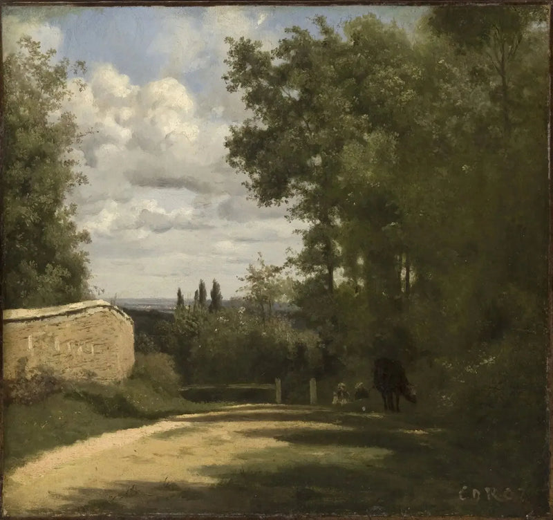Ville d'Avray, droga otoczona murem prowadząca do stawów - Jean-Baptiste Camille Corot