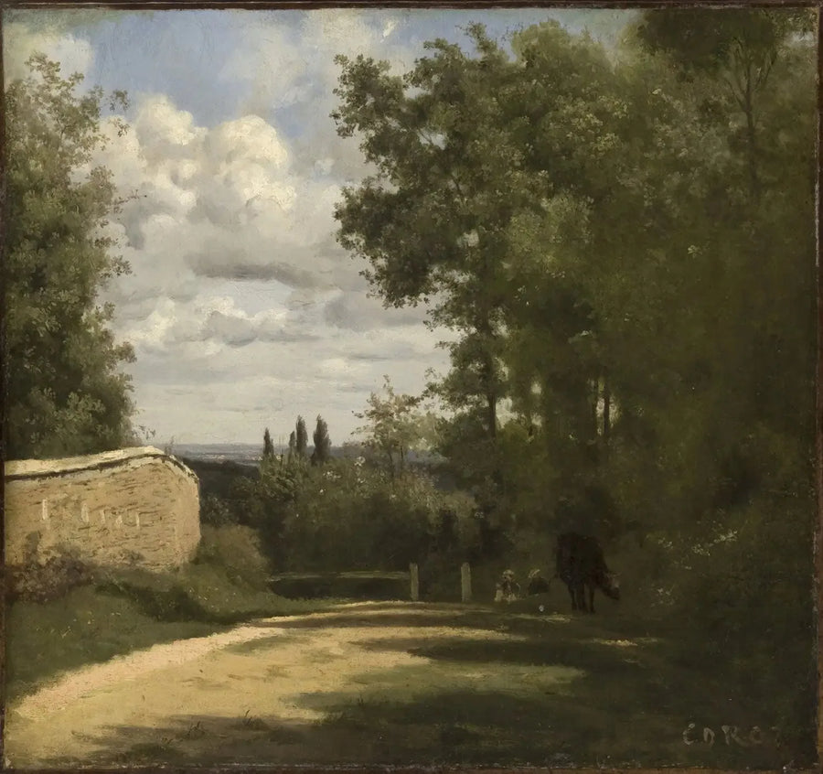Ville d'Avray, droga otoczona murem prowadząca do stawów - Jean-Baptiste Camille Corot