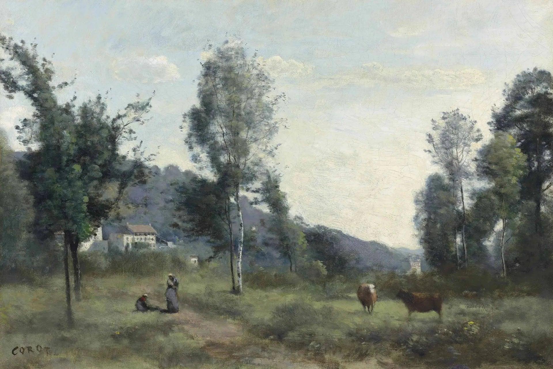 Ville d'Avray, pâturage avec, au fond, un côteau dans la brume - Jean-Baptiste Camille Corot image 1 reproduction de peinture à l’huile