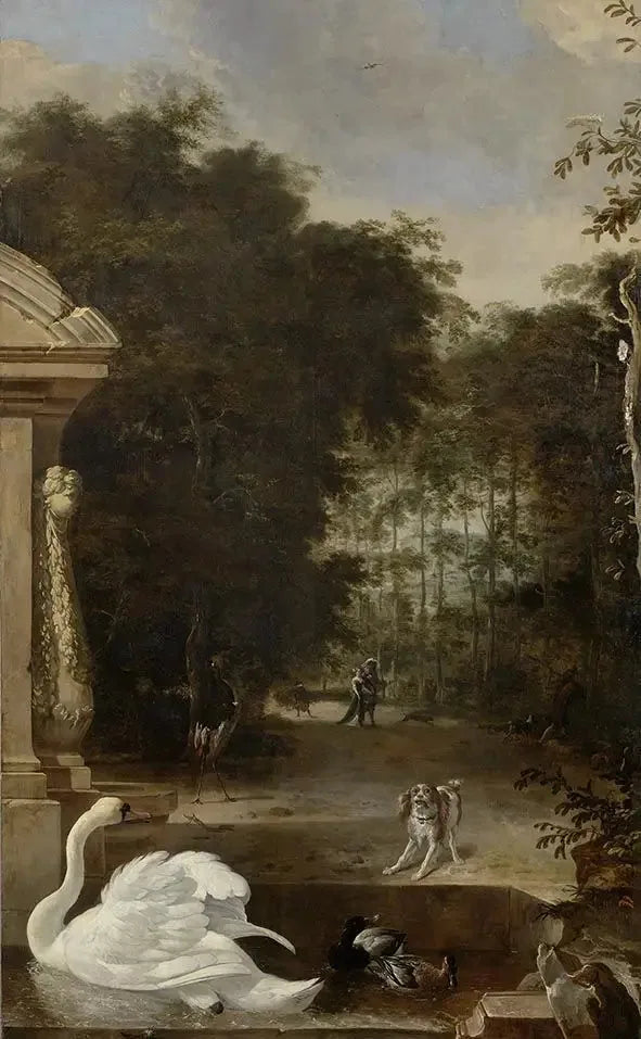 Vogelpark mit Schwan und Hund - Melchior de Hondecoeter image 1 reproduction de peinture à l’huile