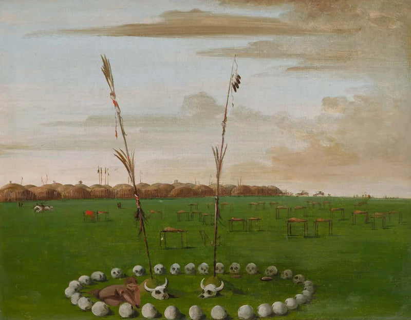 Tylne widok na wioskę Mandan, pokazujący cmentarz - George Catlin