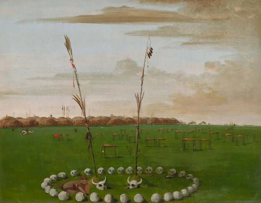 Tylne widok na wioskę Mandan, pokazujący cmentarz - George Catlin