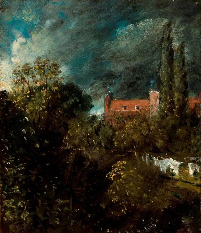 Widok na ogród z czerwonym domem w tle - John Constable
