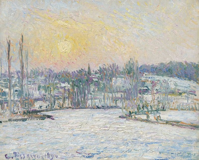 Widok na Bazincourt, efekt śniegu, zachód słońca - Camille Pissarro