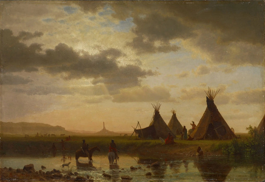 Widok na Chimney Rock, wioskę Siouxów Ohalilah na pierwszym planie - Albert Bierstadt
