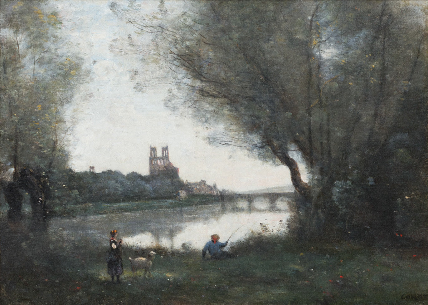 Vue de la cathédrale et du pont de Mantes avec un chevrier et un pêcheur - Jean-Baptiste Camille Corot - Alpha