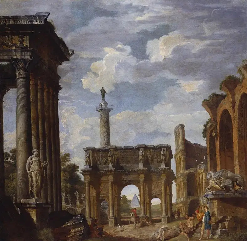 Widok na Caprice z Łukiem Konstantyna i innymi ruinami rzymskimi - Giovanni Paolo Panini