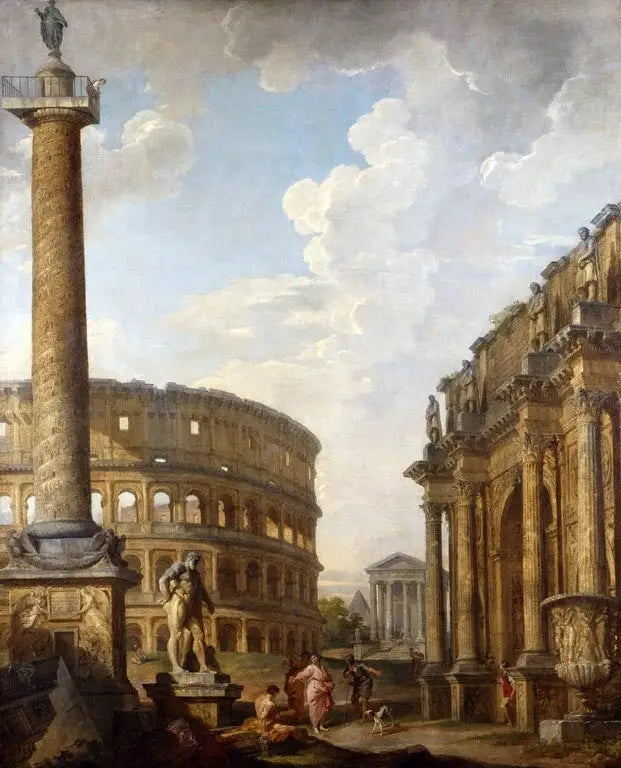 Widok Caprice z kolumną Trajane i ruinami rzymskimi - Giovanni Paolo Panini