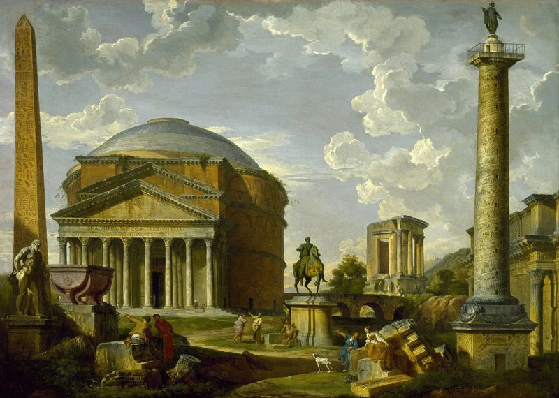 Fantastyczny widok na Panteon i inne zabytki starożytnego Rzymu - Giovanni Paolo Panini