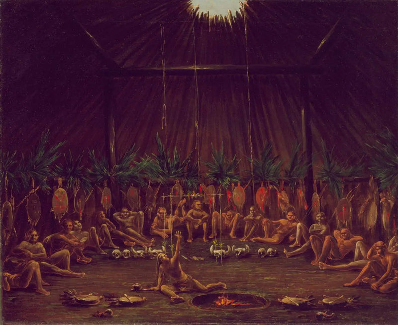 Wnętrze Medicine Lodge, ceremonia Mandan O-kee-pa - George Catlin