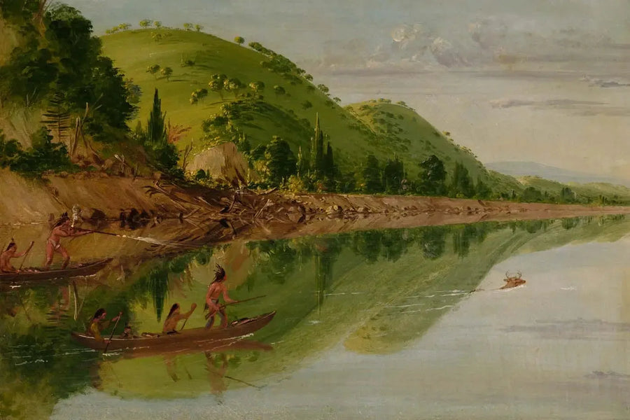 Widok na rzekę Saint-Pierre, Indian Sioux ścigających jelenia w swoich kanoe - George Catlin