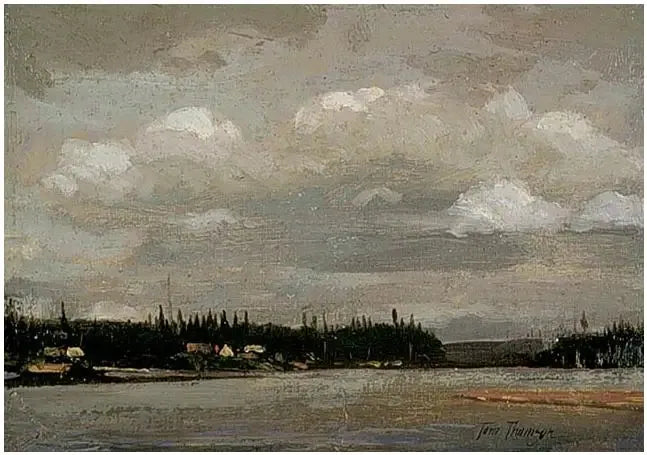 Widok na jezioro: brzeg z domami - Tom Thomson