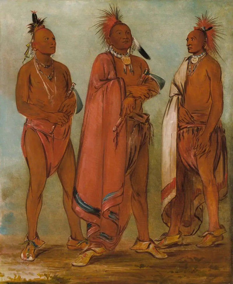 Wa-másh-ee-sheek, Ten, który zabiera; Wa-chésh-uk, Wojna; Mink-chésk, Trzech wyróżniających się młodych mężczyzn - George Catlin