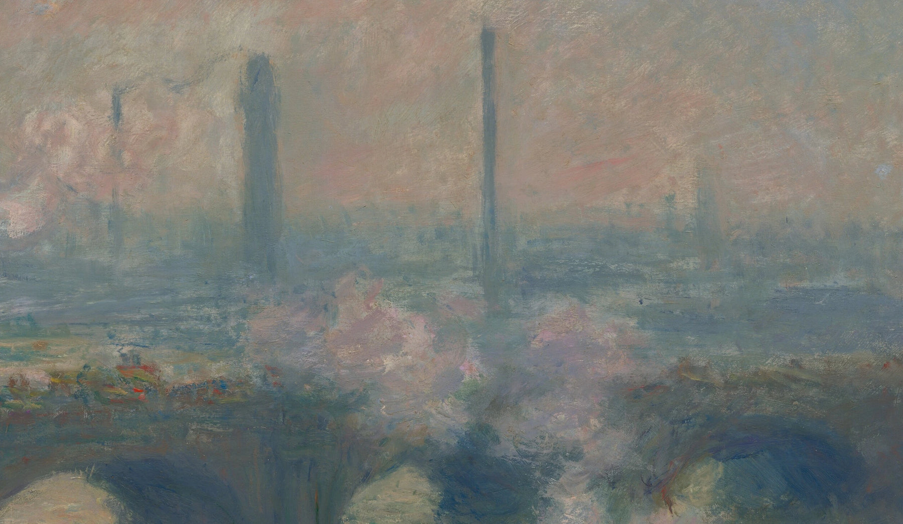 Détail du pont, des cheminées et des panaches roses dans Waterloo Bridge, jour gris