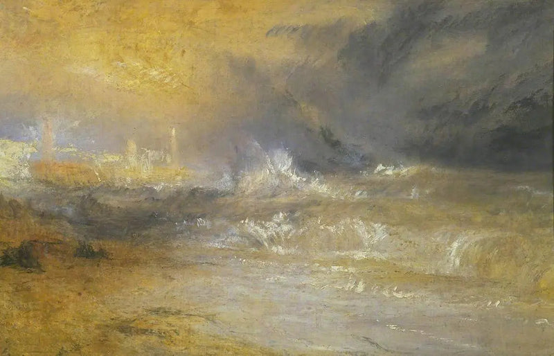Fale rozbijające się o osłoniętą plażę w Margate (Studium do 'Rockets and Blue Lights') - J. M. W. Turner